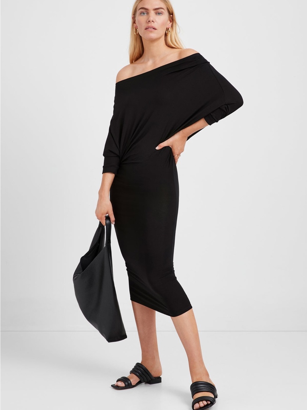 Marcella Off Shoulder Black Midi Dress Size XXL Stretchy Casual Quiet Luxury